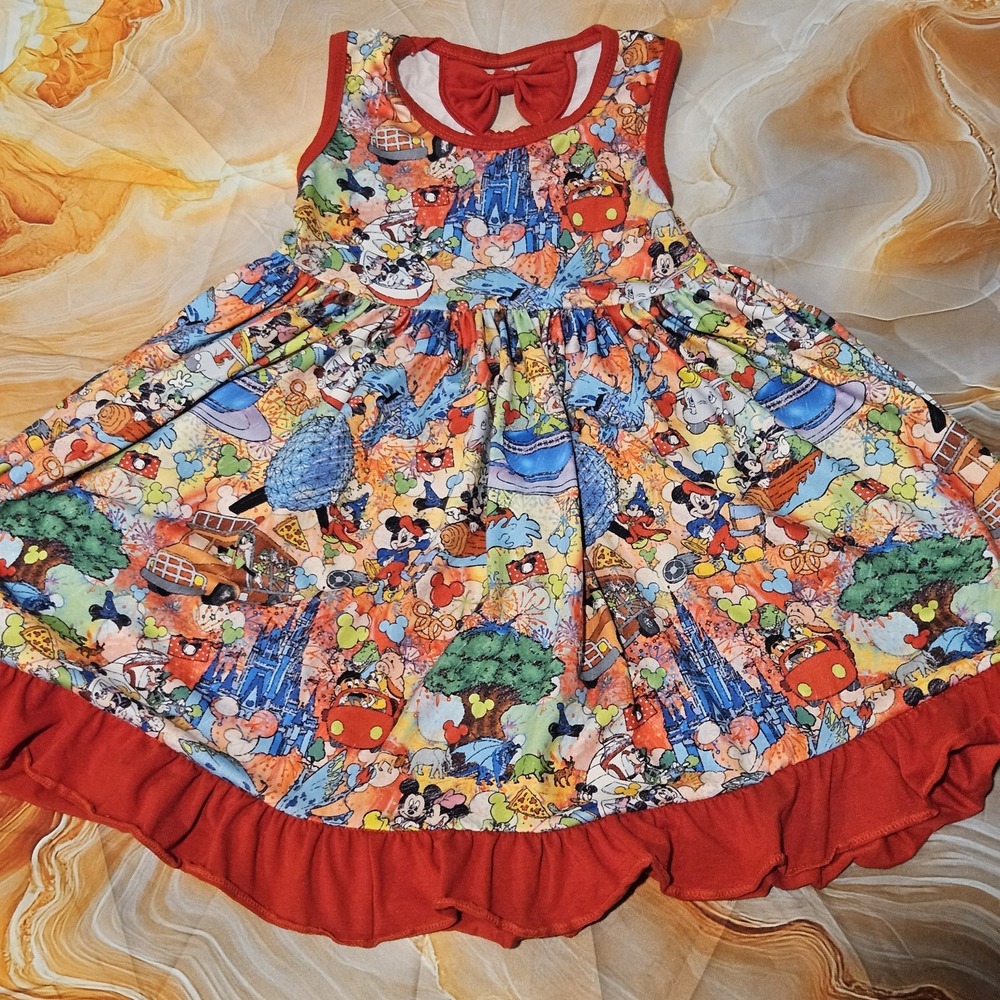 Character Collage Girls Twirl Dress Size 5/6 XL Sleeveless Bow Back Ruffle